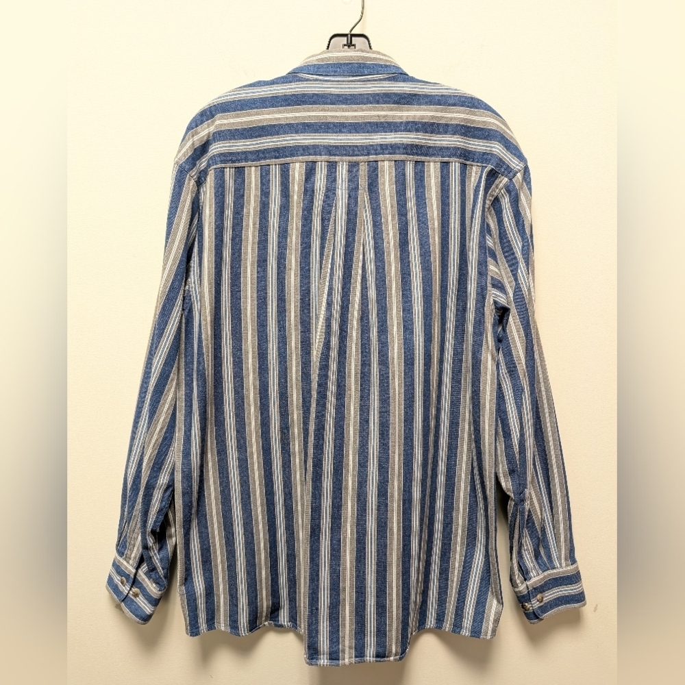 Fieldmaster Vintage Blue White and Tan Denim Striped Button Down Shirt Men's M - Picture 9 of 12